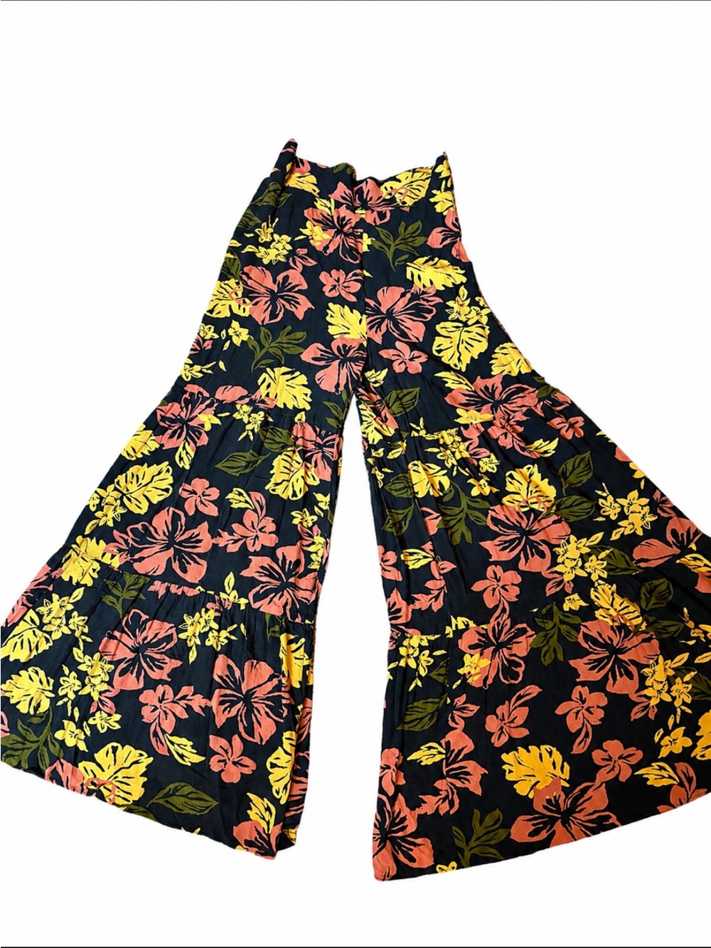 Free People Women Large Floral Print Tiered Wide Leg Pants Vacation Tropical - Picture 2 of 12